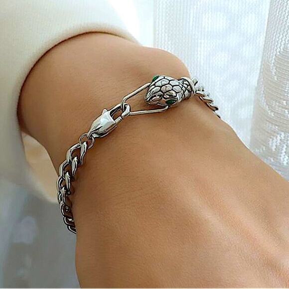 Silver Snake Choker Bracelet Matching Set, Chain Link, Serpent, Necklace - Picture 5 of 7
